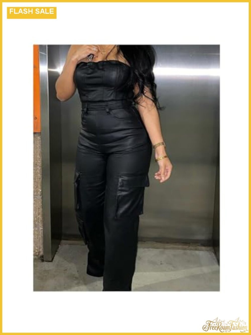 Womens Faux Leather Off Shoulder Jumpsuit High Waist Wide Leg Cargo Romper